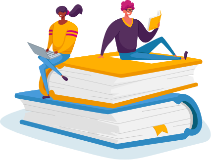 illustration of 2 students sitting on books