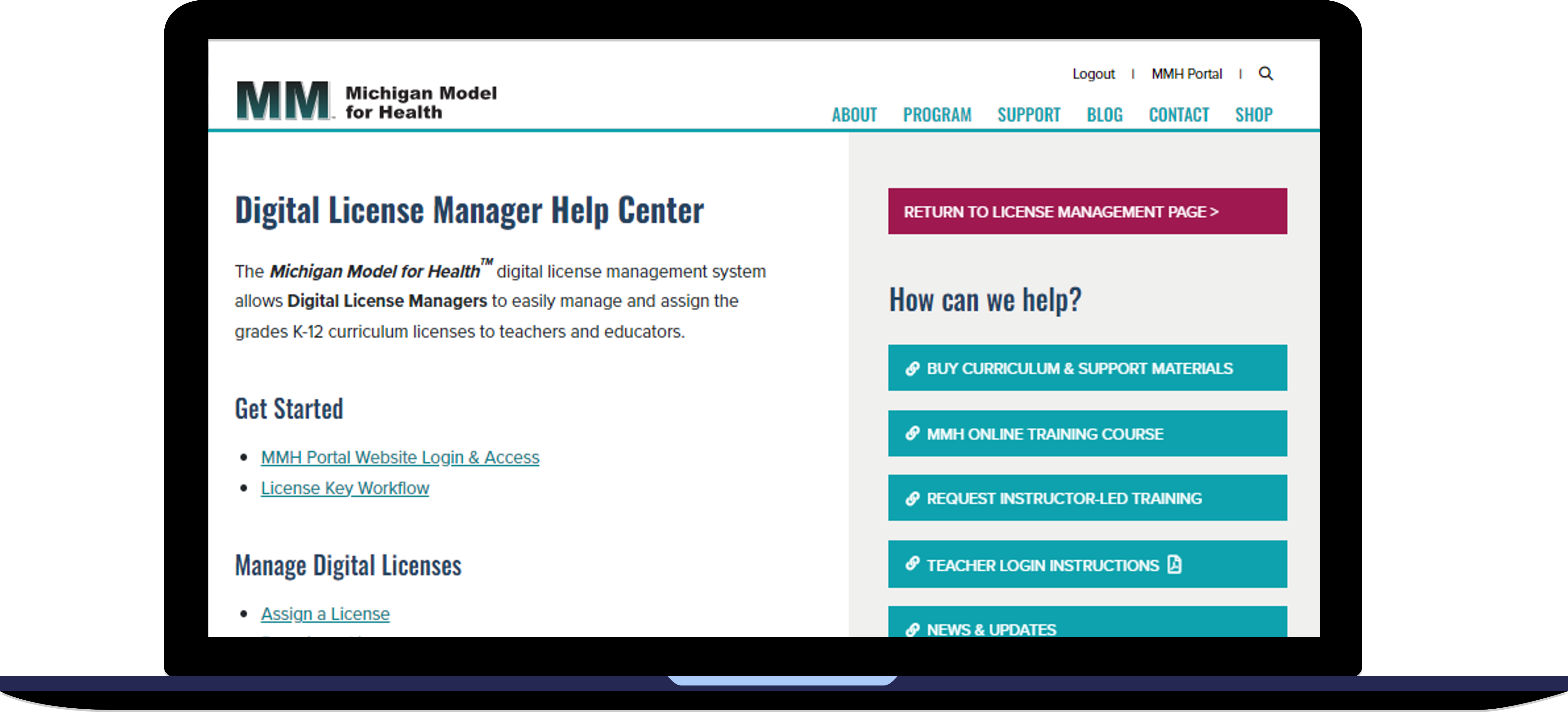 MMH Digital License Manager Help Center computer screenshot