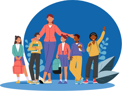 illustration of teacher with group of students emphasizing that Positive Health Outcomes occur for students when teaching MMH