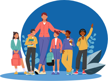 Positive Health Outcomes occur for students when teaching MMH illustration of teacher with group of students emphasizing that Positive Health Outcomes occur for students when teaching MMH