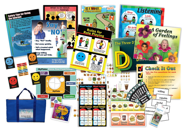 MMH elementary school support materials kit example with posters, pamphlets, card sets and bag