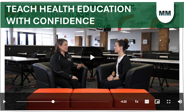 Photo of a teacher and health educator talking with caption: Teach Health Education with Confidence