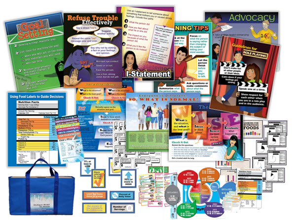 MMH middle school support materials kit example with posters, pamphlets, card sets and bag