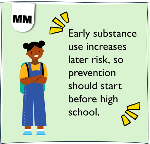 Early substance use increases later risk, prevention should start before high school. Illustration of middle school student standing with arms crossed