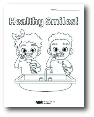 Healthy Smiles coloring page with two kids brushing teeth