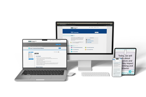 Image of a laptop, and 2 tablets with the Michigan Model for Health curriculum screenshots showing lessons and slides